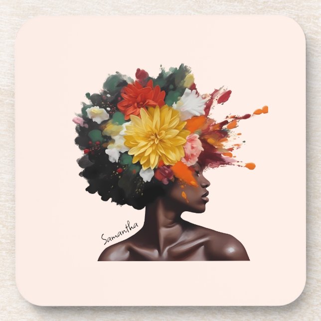 African-American Woman with Floral Afro Hair (2) Coaster (Front)