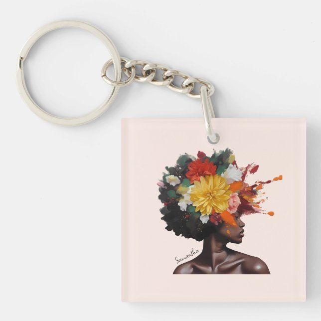 African-American Woman with Floral Afro Hair (2) Key Ring (Front)