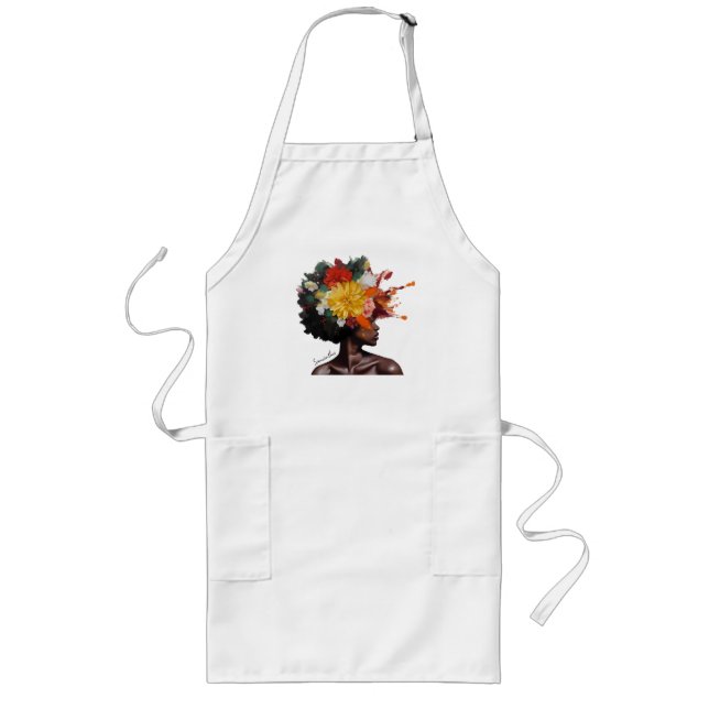 African-American Woman with Floral Afro Hair (2) Long Apron (Front)