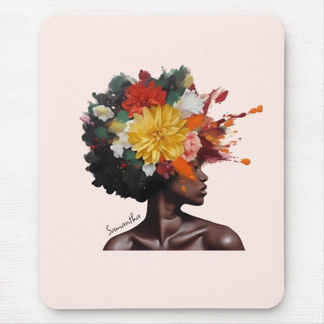 African-American Woman with Floral Afro Hair (2) Mouse Mat (Front)