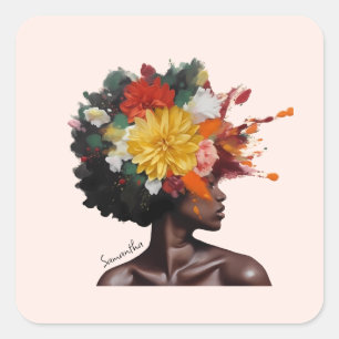 African-American Woman with Floral Afro Hair (2) Square Sticker