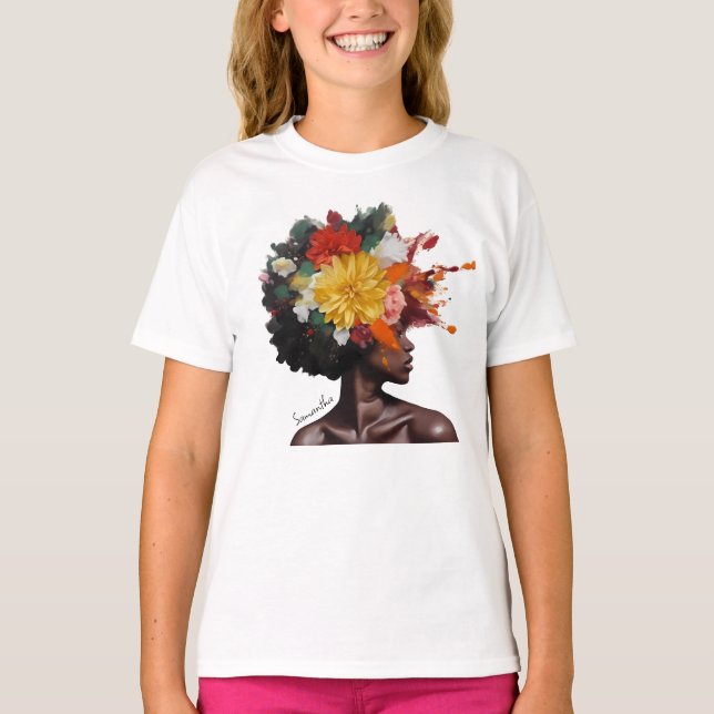 African-American Woman with Floral Afro Hair (2) T-Shirt (Front)
