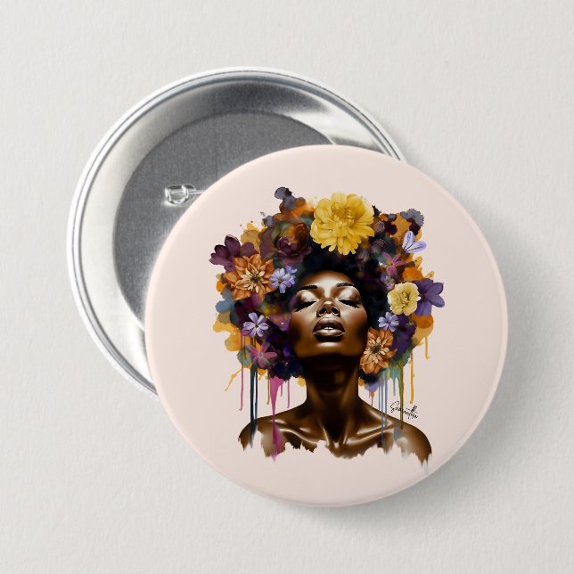 African-American Woman with Floral Afro Hair (3) 7.5 Cm Round Badge (Front & Back)
