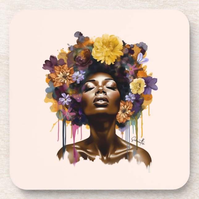 African-American Woman with Floral Afro Hair (3) Coaster (Front)