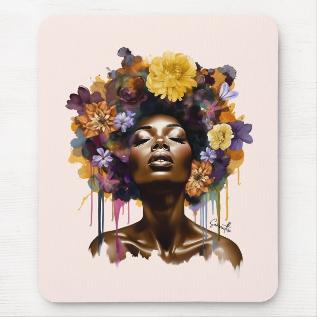 African-American Woman with Floral Afro Hair (3) Mouse Mat (Front)