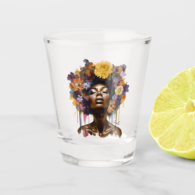 African-American Woman with Floral Afro Hair (3) Shot Glass (Front)
