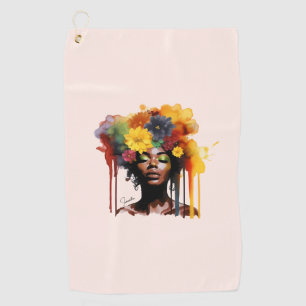 African-American Woman with Floral Afro Hair Golf Towel