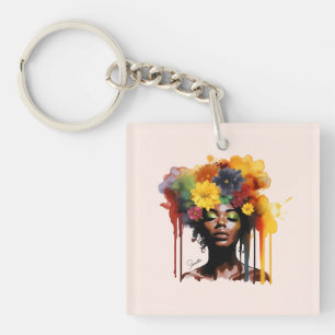 African-American Woman with Floral Afro Hair Key Ring