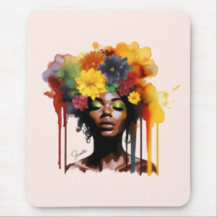 African-American Woman with Floral Afro Hair Mouse Mat