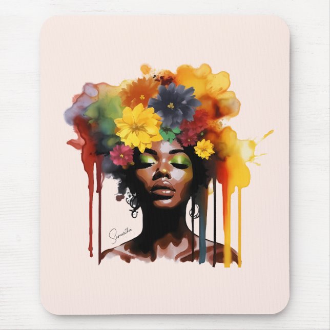 African-American Woman with Floral Afro Hair Mouse Mat (Front)