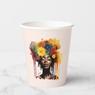 African-American Woman with Floral Afro Hair Paper Cups