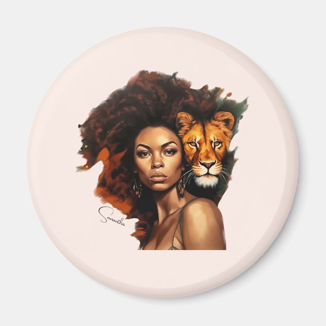 African-American Woman with Majestic Lion Magnet (Front)