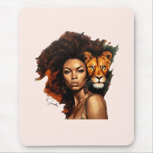 African-American Woman with Majestic Lion Mouse Mat