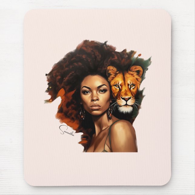African-American Woman with Majestic Lion Mouse Mat (Front)