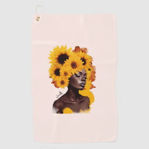 African-American Woman with Sunflower Afro Hair Golf Towel
