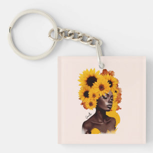 African-American Woman with Sunflower Afro Hair Key Ring