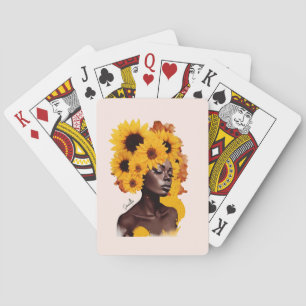 African-American Woman with Sunflower Afro Hair Playing Cards