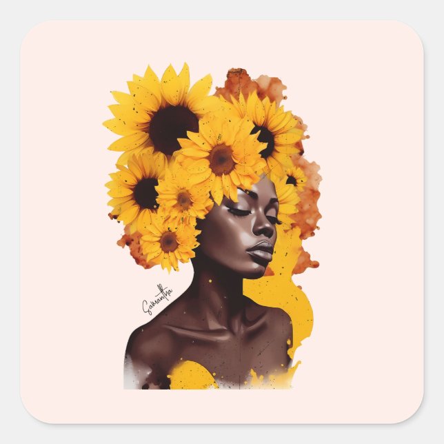 African-American Woman with Sunflower Afro Hair Square Sticker (Front)