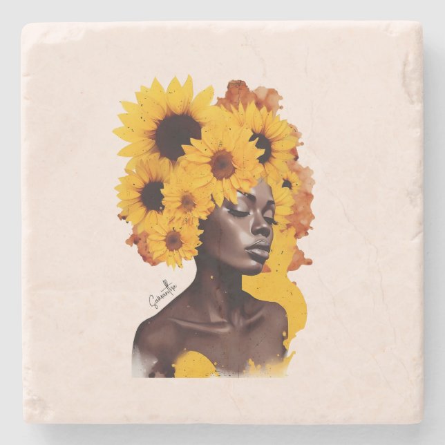 African-American Woman with Sunflower Afro Hair Stone Coaster (Front)
