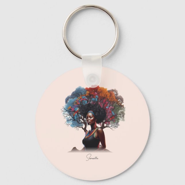 African-American Woman with Tree-Adorned Hair Key Ring (Front)