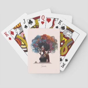 African-American Woman with Tree-Adorned Hair Playing Cards