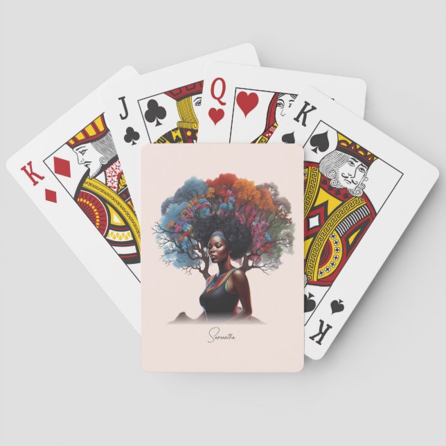 African-American Woman with Tree-Adorned Hair Playing Cards (Back)