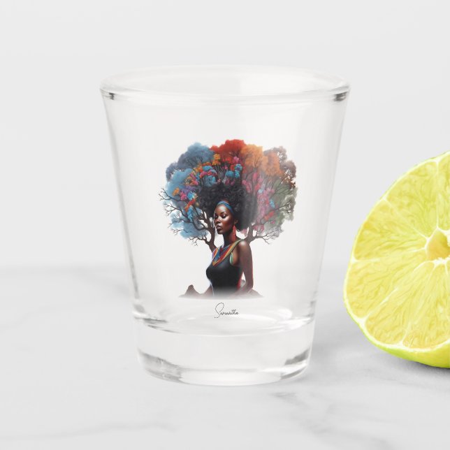 African-American Woman with Tree-Adorned Hair Shot Glass (Front)