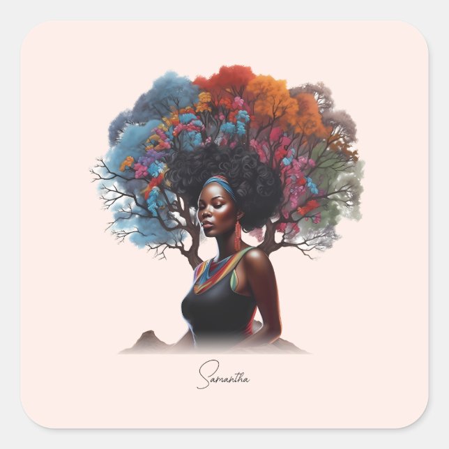 African-American Woman with Tree-Adorned Hair Square Sticker (Front)