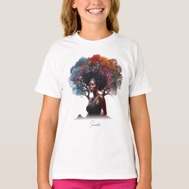 African-American Woman with Tree-Adorned Hair T-Shirt (Front)