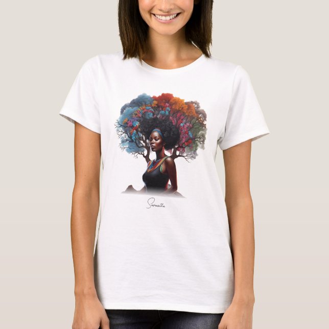 African-American Woman with Tree-Adorned Hair T-Shirt (Front)