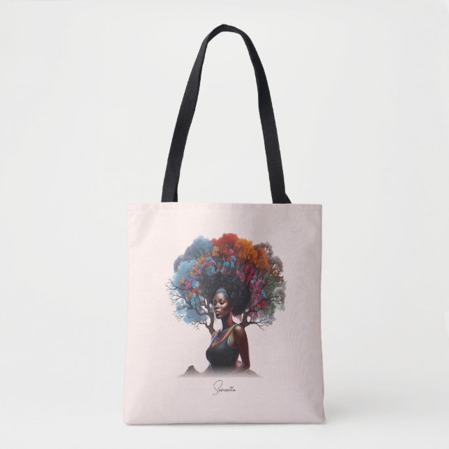 African-American Woman with Tree-Adorned Hair Tote Bag (Front)