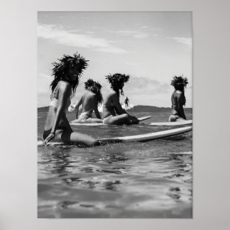 African American Women Surfing Print, Black and Wh Poster