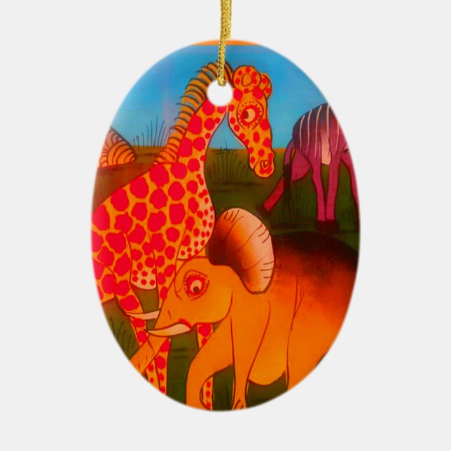 African Animal Art Print Ceramic Tree Decoration (Front)