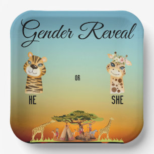 African Animal Gender Reveal Enclosure Card Paper Plate