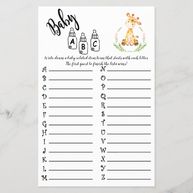 AFRICAN ANIMALS ABC BABY SHOWER GAME CARD (Front)
