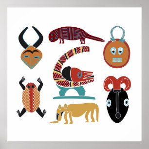 African animals coloured abstract face art poster
