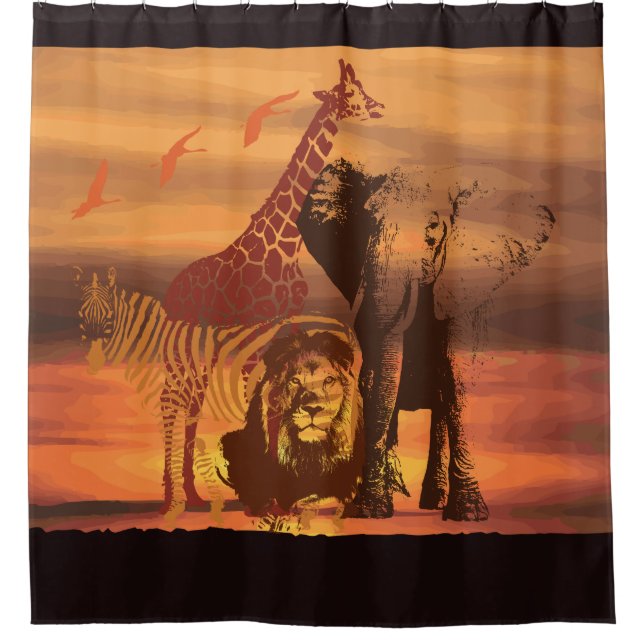 African Animals (giraffe, lion, zebra, elephant) Shower Curtain (Front)