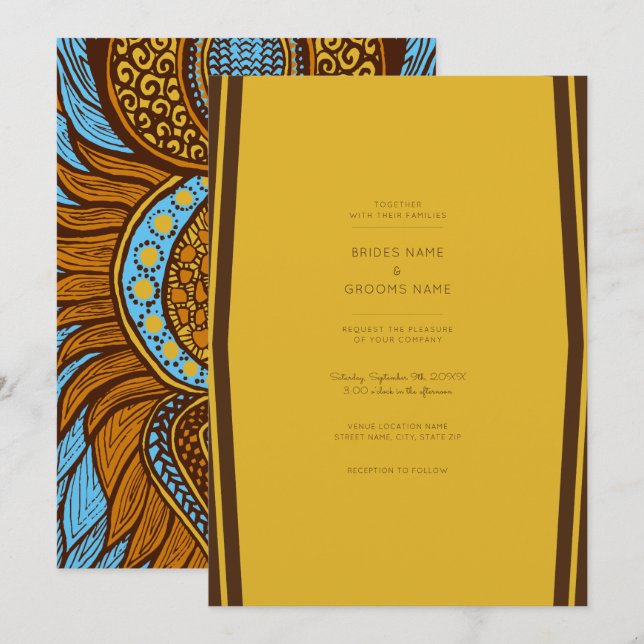 African Ankara Aqua Gold Floral Wedding Invite (Front/Back)