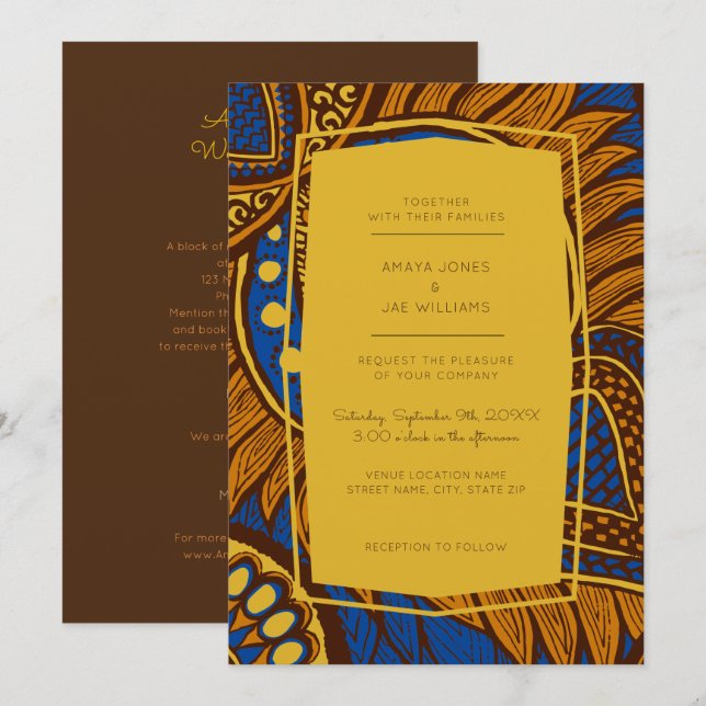 African Ankara Blue Floral Wedding Invitation (Front/Back)