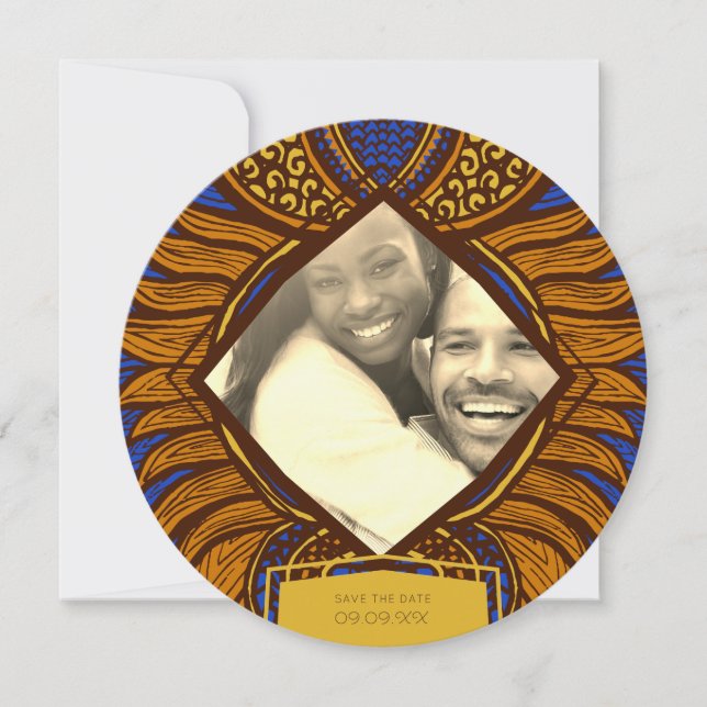 African Ankara Blue Gold Floral Save the Date (Front)