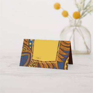 African Ankara Blue & Gold Floral Table Place Card