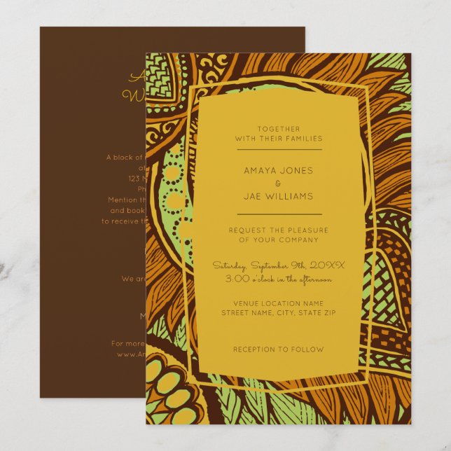 African Ankara Lime Floral Wedding Invitation (Front/Back)