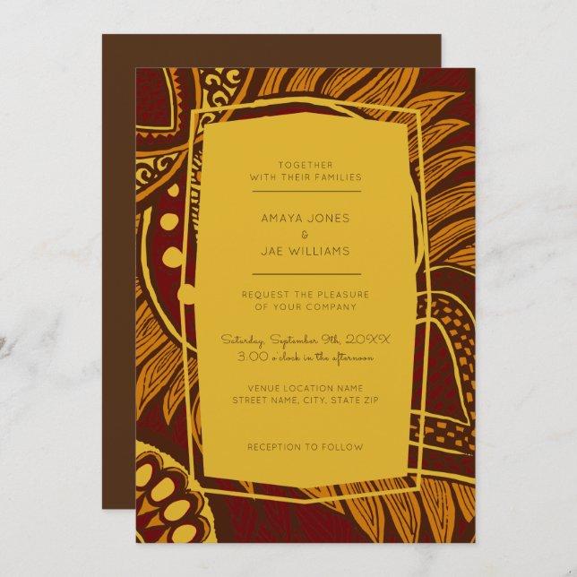 African Ankara Maroon Floral Wedding Invitation (Front/Back)