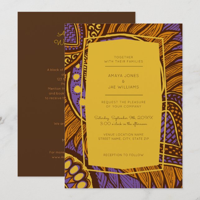 African Ankara Purple Floral Wedding Invitation (Front/Back)
