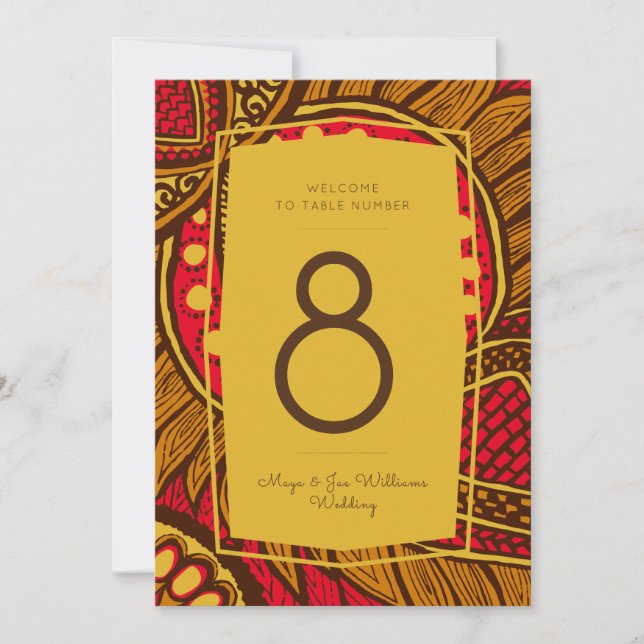 African Ankara Red Gold Floral Table Number (Front)