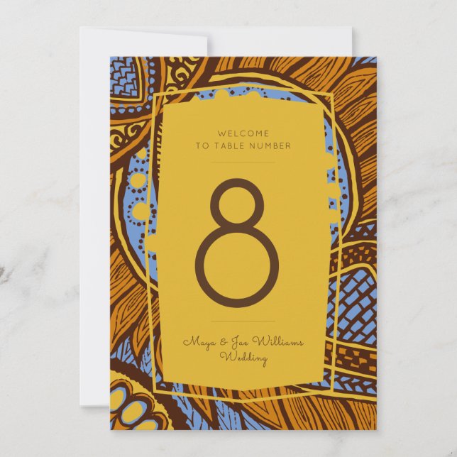 African Ankara Sky Blue Gold Floral Table Number (Front)