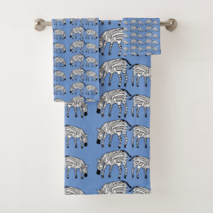 African Art, Kenyan Zebras and Blue Pattern Bath Towel Set