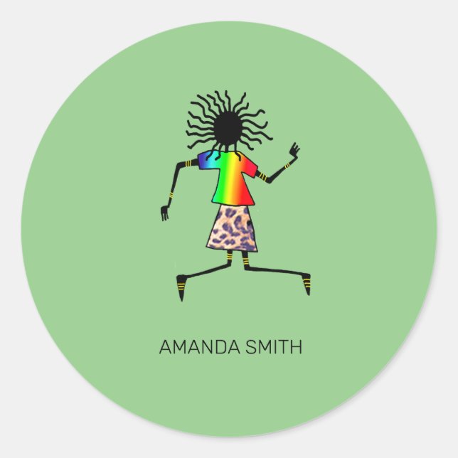 African Art, Personalised Happy Dancer Classic Round Sticker (Front)