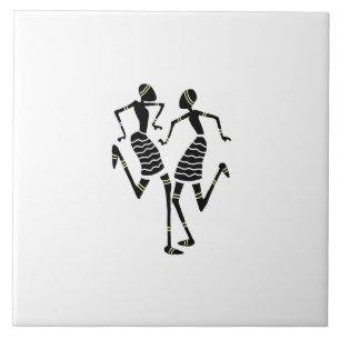 African Art Silhouette Dancers White Tile