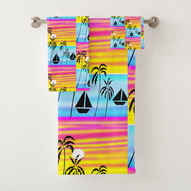African Art, Tropical Sunset Summer Sailing Bath Towel Set (Insitu)